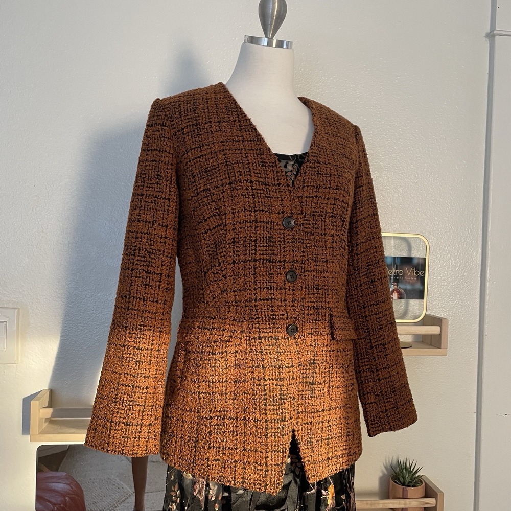 Linea by Louis Dell'Olio Boucle V-Neck Jacket Black/Caramel Size 6